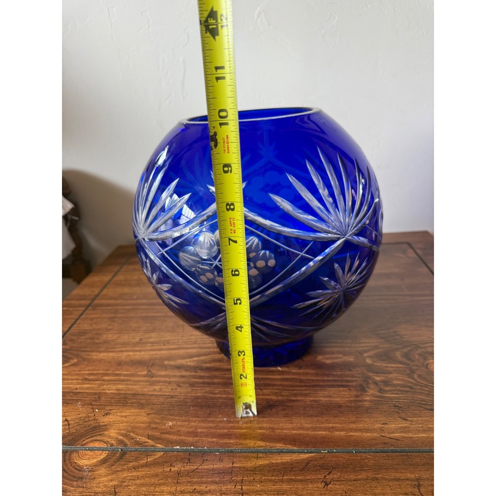 Cobalt Blue Cut to Clear Glass Rose Bowl Vase Star Fan Round Orb Bohemian 6.5" - Picture 10 of 11